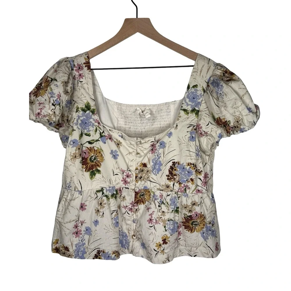 Anthropologie Floral Puff Sleeve Button Front Smocked Back Cotton Top Cream L